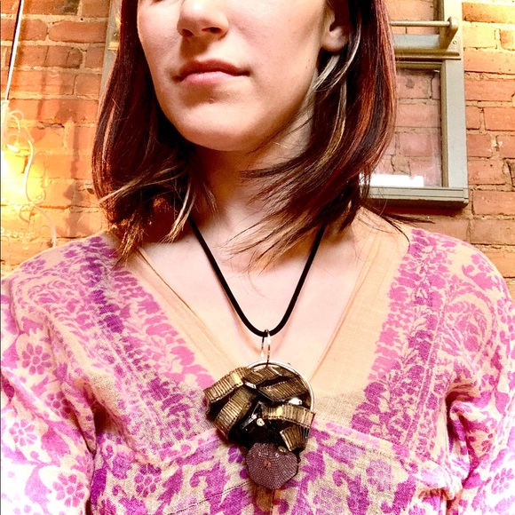 Vintage Rose Quartz & Black Mesh Handmade One Of A Kind Boho Festival Necklace - Picture 6 of 7